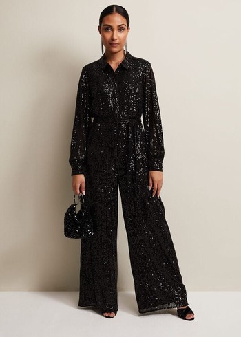 Phase Eight Petite Alessandra Sequin Jumpsuit Black Australia | PD6458372